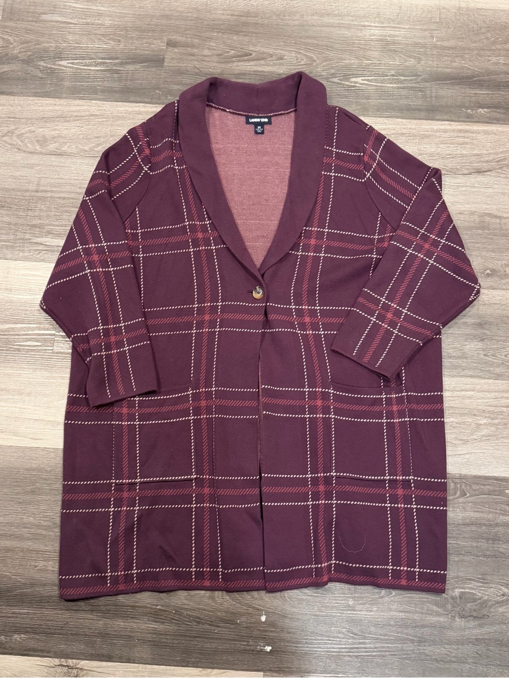 Lands End Women’s Plus Sweater Cardigan Blazer Cotton Plaid Burgundy 3X